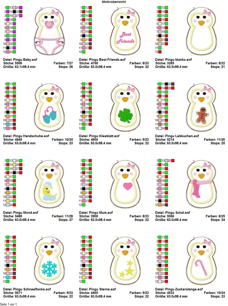 May include: A collection of penguin-shaped embroidery designs. Each design features a penguin with various embellishments, including a baby bib, mittens, a four-leaf clover, a gingerbread man, a moon, a heart, a scarf, a snowflake, stars, and a candy cane.