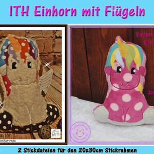 May include: Two plush unicorn designs. One is white with a colorful mane and wings, the other is pink with white polka dots. Both have a horn and are labeled "ITH Einhorn mit Fl&uuml;geln" and "Faden-Zauber Einhorn". The size is 20x30 cm.