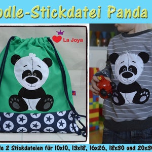 May include: Two embroidery designs featuring a panda bear with a green and blue drawstring bag and a gray and white striped shirt. The text "Doodle-Stickdatei Panda 3D" and "La Joya" are visible. The text "Je 2 Stickdateien f&uuml;r 10x10, 13x18, 16x26, 18x30 und 20x30" is also visible.
