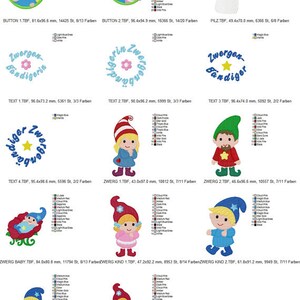 Puede incluir: Una colecci&oacute;n de dise&ntilde;os de bordado coloridos con gnomos, setas y texto. Los dise&ntilde;os incluyen gnomos con varios atuendos, una seta con un p&aacute;jaro y el texto "Zwergen-Bandigerin".