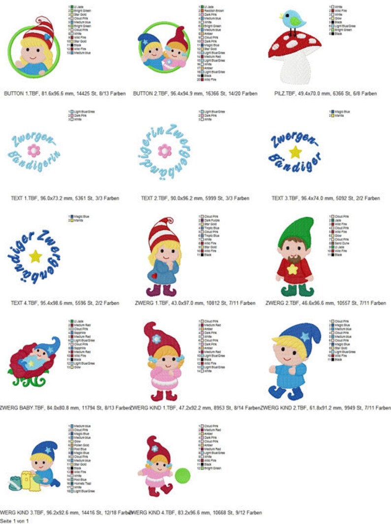 Puede incluir: Una colecci&oacute;n de dise&ntilde;os de bordado coloridos con gnomos, setas y texto. Los dise&ntilde;os incluyen gnomos con varios atuendos, una seta con un p&aacute;jaro y el texto "Zwergen-Bandigerin".