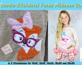 Doodle motif fox girl 3D - embroidery file set for the 10 x 10 cm to 20 x 30 cm frame