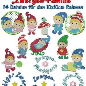 Puede incluir: Colecci&oacute;n de dise&ntilde;os de bordado con gnomos de dibujos animados en varias poses. Los dise&ntilde;os incluyen gnomos con sombreros rojos y azules, una seta y el texto "Stickdatei Zwergen-Familie".
