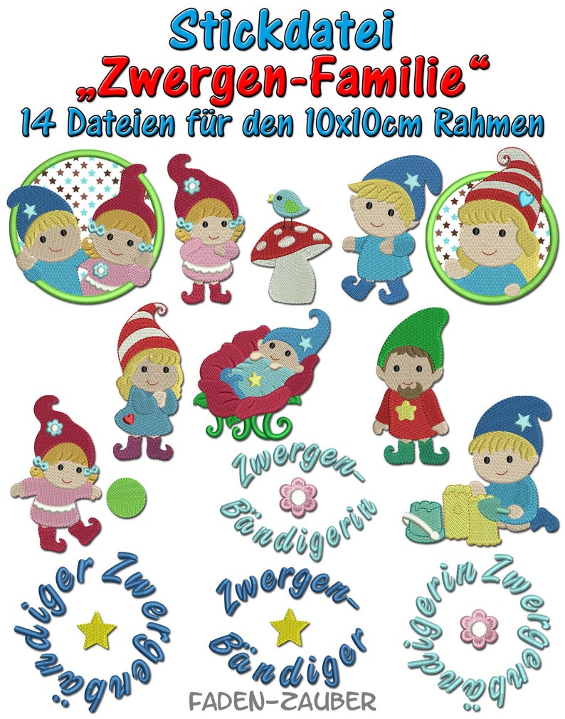 Puede incluir: Colecci&oacute;n de dise&ntilde;os de bordado con gnomos de dibujos animados en varias poses. Los dise&ntilde;os incluyen gnomos con sombreros rojos y azules, una seta y el texto "Stickdatei Zwergen-Familie".