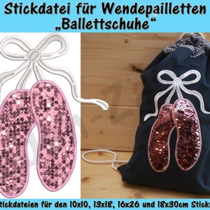 May include: Two pink ballet shoe shaped embroidery designs with sequins. The shoes are attached to a white ribbon bow. The image shows the design on a white background and on a dark blue drawstring bag.