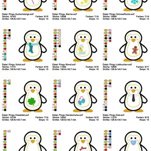 May include: A collection of embroidered penguin designs, each with unique accessories like a candy cane, stars, a snowflake, a scarf, a moon, a gingerbread man, a four-leaf clover, mittens, a tie, the words "Best Friends", and a pacifier. The designs are approximately 5 x 5.6 inches.