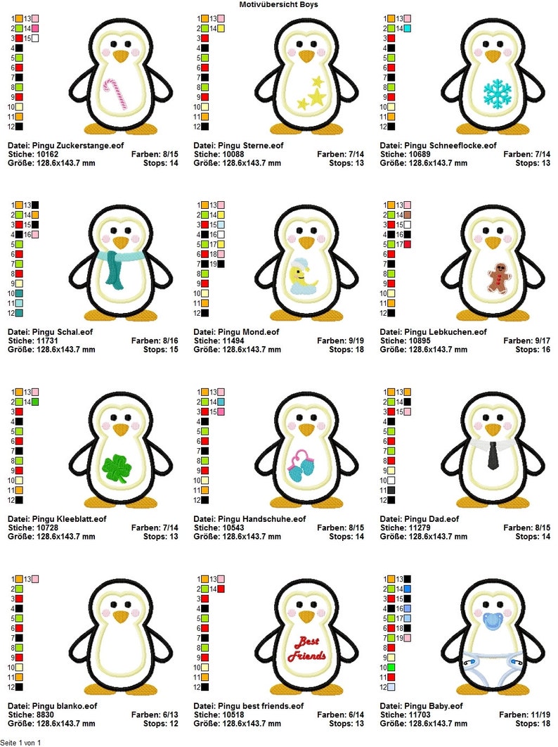 May include: A collection of embroidered penguin designs, each with unique accessories like a candy cane, stars, a snowflake, a scarf, a moon, a gingerbread man, a four-leaf clover, mittens, a tie, the words "Best Friends", and a pacifier. The designs are approximately 5 x 5.6 inches.