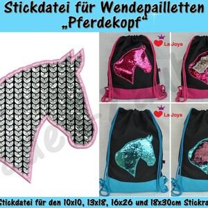 Reversible sequin applique horse head - embroidery file set for the 10 x 10 cm to 18 x 30 cm frame