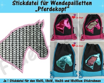 Reversible sequin applique horse head - embroidery file set for the 10 x 10 cm to 18 x 30 cm frame