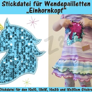 Cabeza de unicornio con apliques de lentejuelas reversibles - conjunto de archivos de bordado para el marco de 10 x 10 cm a 18 x 30 cm