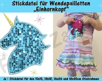 Wendepailletten-Applikation Einhornkopf - Stickdatei-Set für den 10x10cm bis 18x30cm Rahmen