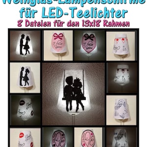 Könnte beinhalten: Eine Auswahl an Weinglas-Lampenschirmen mit romantischen Designs, darunter Silhouetten von Paaren, Herzen und den Worten „I Love You“ und „Love is“. Die Lampenschirme sind für LED-Teelichter gedacht.