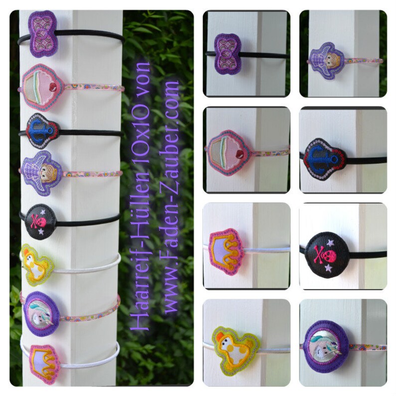 Puede incluir: Una colecci&oacute;n de coloridas gomas para el pelo con varios dise&ntilde;os bordados, incluyendo una mariposa, una magdalena, un coche, una mu&ntilde;eca, una calavera, un pato, una corona y un personaje de dibujos animados. Las gomas se muestran en una columna blanca.