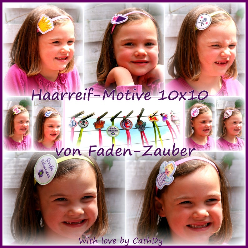 Puede incluir: Un collage de im&aacute;genes que muestra a una ni&ntilde;a usando varias diademas. Las diademas presentan dise&ntilde;os bordados como coronas, corazones y una calavera. El texto en la imagen dice "Haarreif-Motive 10x10" y "von Faden-Zauber".