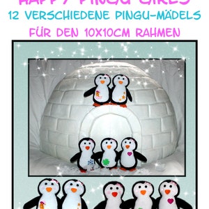 May include: An image featuring a white igloo with several plush penguins. The penguins have black wings and various designs on their bellies, including stars, a snowflake, and a heart. Text at the top reads "HAPPY PINGU GIRLS".