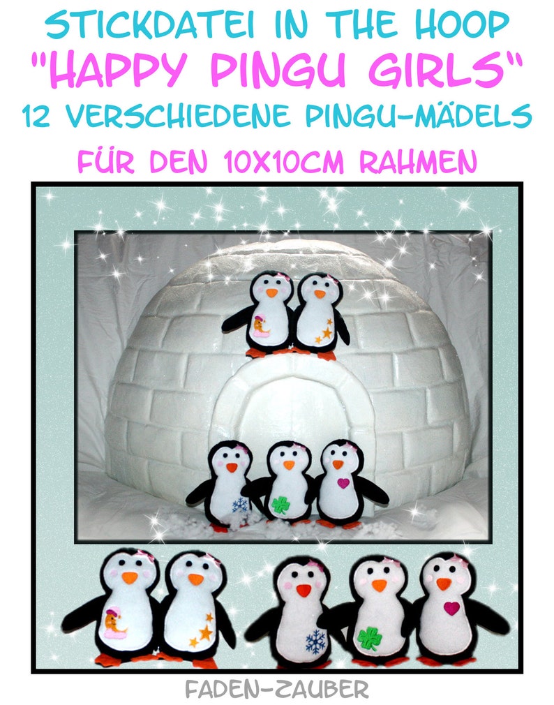 May include: An image featuring a white igloo with several plush penguins. The penguins have black wings and various designs on their bellies, including stars, a snowflake, and a heart. Text at the top reads "HAPPY PINGU GIRLS".