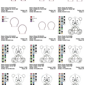May include: A set of 10 embroidery designs for creating teddy bears and ears. The designs are in various sizes, ranging from 10x10 cm to 20x30 cm. The designs are in black and white and are suitable for use with embroidery machines.