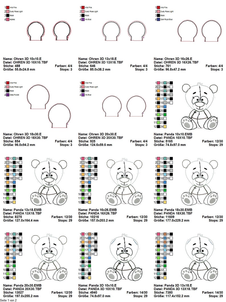 May include: A set of 10 embroidery designs for creating teddy bears and ears. The designs are in various sizes, ranging from 10x10 cm to 20x30 cm. The designs are in black and white and are suitable for use with embroidery machines.