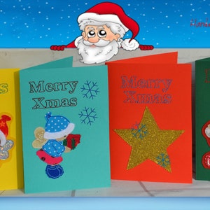 K&ouml;nnte beinhalten: Vier Weihnachtskarten mit festlichen Designs. Die Karten sind gelb, t&uuml;rkis, rot und gr&uuml;n. Jede Karte zeigt gestickte Bilder von Engeln, Schneeflocken und einem goldenen Glitzerstern. Der Text "Frohes Fest" und "Merry Xmas" ist sichtbar.