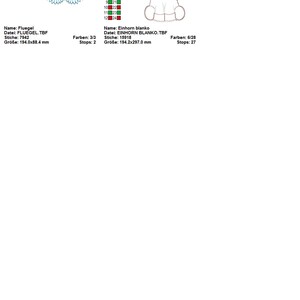 May include: An image featuring embroidery designs. One design is a pair of blue wings. The other is a white unicorn with a yellow horn. Text includes "Fluegel" and "Einhorn blanko".