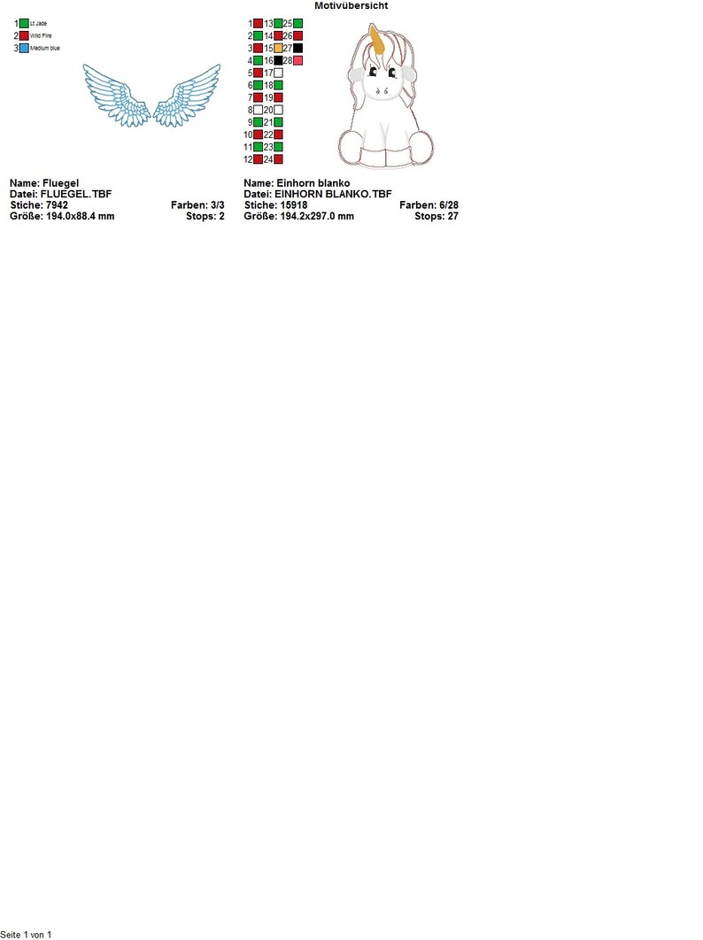 May include: An image featuring embroidery designs. One design is a pair of blue wings. The other is a white unicorn with a yellow horn. Text includes "Fluegel" and "Einhorn blanko".