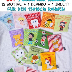Può includere: Una collezione di sacchetti di stoffa ricamati colorati con vari disegni, tra cui angeli, un dente, un'ape, un pirata, un orsacchiotto, un calciatore, una volpe e un cucciolo. I testi sui sacchetti includono frasi come "Don't worry, be happy!" e "Ersthelfer."