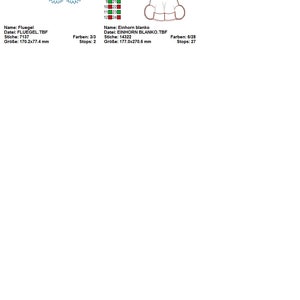 Puede incluir: Imagen con dise&ntilde;os de bordado. Un dise&ntilde;o es un par de alas azules. El otro dise&ntilde;o es un unicornio blanco con un cuerno amarillo y una melena rosa. La imagen tambi&eacute;n incluye texto en alem&aacute;n.