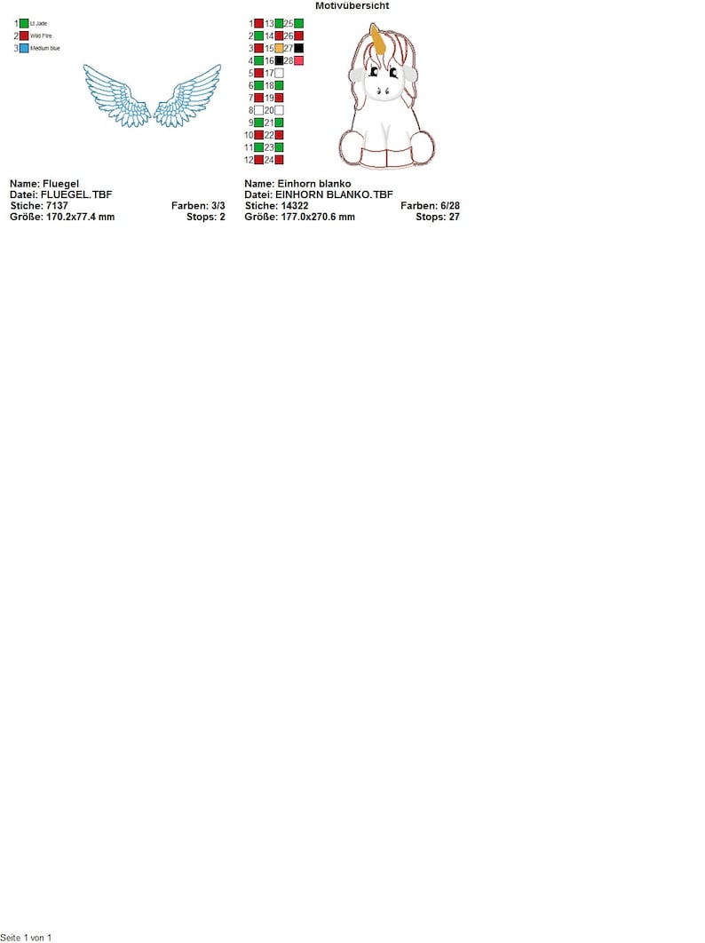 Puede incluir: Imagen con dise&ntilde;os de bordado. Un dise&ntilde;o es un par de alas azules. El otro dise&ntilde;o es un unicornio blanco con un cuerno amarillo y una melena rosa. La imagen tambi&eacute;n incluye texto en alem&aacute;n.