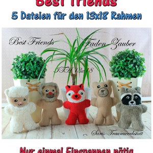 Puede incluir: Imagen de cinco peluches de animales, incluyendo una oveja, un león, un zorro, un oso y un mapache. El texto "Best Friends" y "Faden-Zauber" está presente.