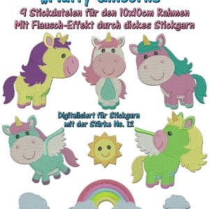 Könnte beinhalten: Neun Stickdateien für einen 10x10 cm Rahmen mit flauschigen Einhörnern, einem Regenbogen, Wolken und einer Sonne. Die Designs sind für Stickgarn mit der Stärke Nr. 12 digitalisiert.