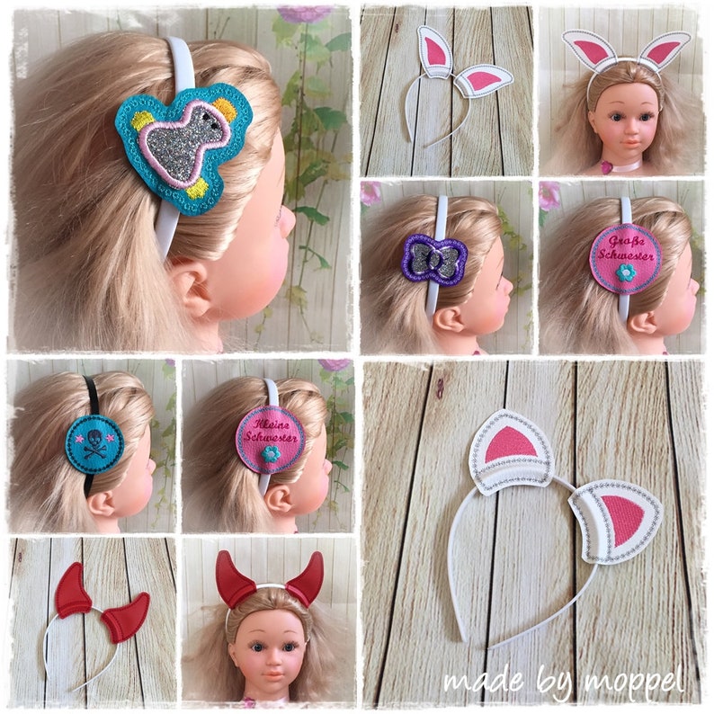 Puede incluir: Una colecci&oacute;n de diademas con varios dise&ntilde;os. Incluye orejas de conejo, cuernos de diablo, un lazo y parches circulares con texto y gr&aacute;ficos. Las diademas son blancas y las decoraciones presentan colores como rosa, azul y plateado.