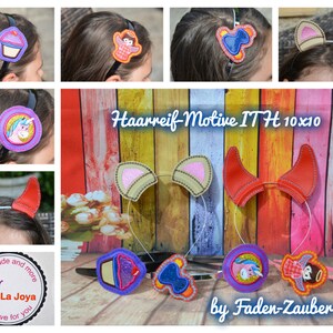 Puede incluir: Una colecci&oacute;n de diademas con varios dise&ntilde;os, incluyendo una magdalena, un &aacute;ngel, un caballo, orejas de gato y cuernos de diablo. Las diademas son negras y los dise&ntilde;os son coloridos. La imagen tambi&eacute;n incluye el texto "Haarreif-Motive ITH 10x10" y "La Joya".