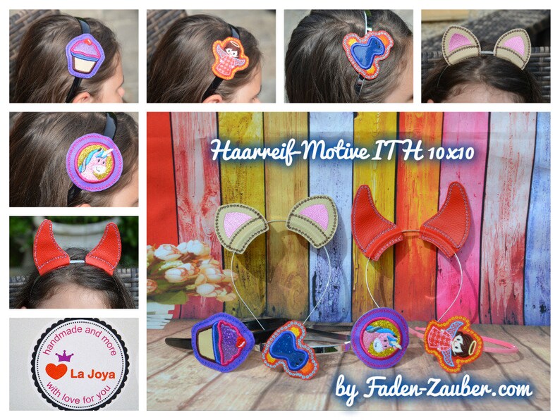 Puede incluir: Una colecci&oacute;n de diademas con varios dise&ntilde;os, incluyendo una magdalena, un &aacute;ngel, un caballo, orejas de gato y cuernos de diablo. Las diademas son negras y los dise&ntilde;os son coloridos. La imagen tambi&eacute;n incluye el texto "Haarreif-Motive ITH 10x10" y "La Joya".