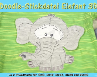 Doodle-Motiv Elefant 3D - Stickdatei-Set für den 10x10cm bis 20x30cm Rahmen