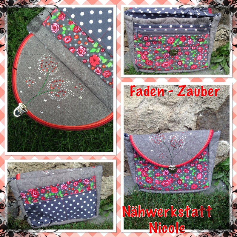 May include: A gray fabric bag with a red trim and a floral pattern. The bag has a zipper closure and a small pocket on the front. The bag is decorated with a small embroidered design of a flower with rhinestones. The text "Faden - Zauber" and "N&auml;hwerkstatt Nicole" is visible on the image.