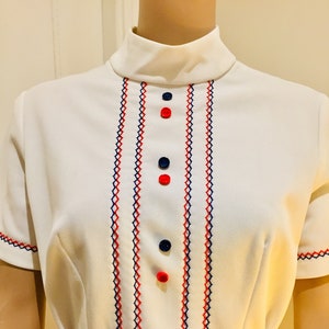 BEAUTIFUL Vintage 1960's White Mini Dress With Red, White & Blue Detail, Made In ENGLAND - Lovely!!