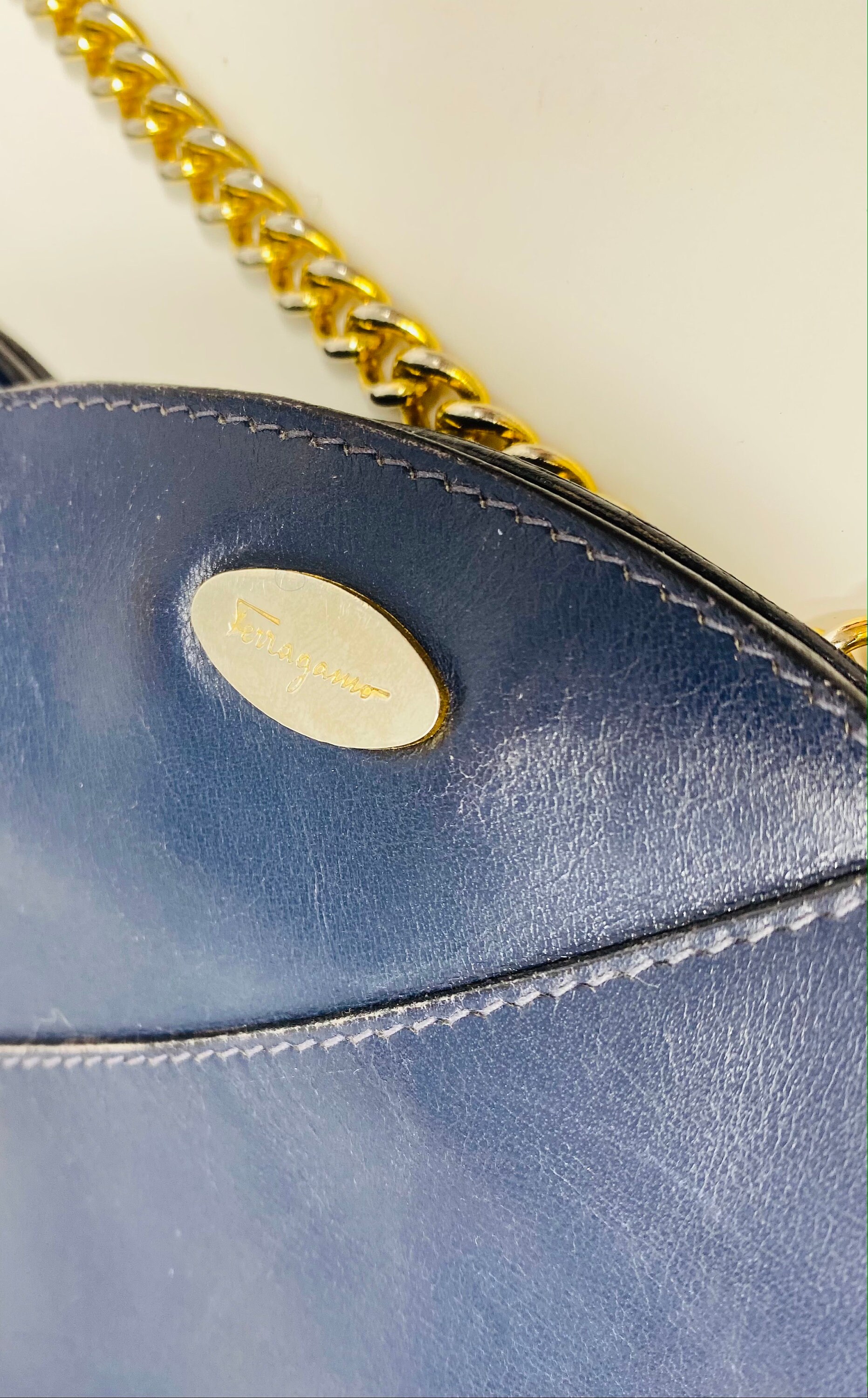 Salvatore Ferragamo - Navy Gold Chemical Fiber Hardware Other Jewellery Salvatore Ferragamo Navy Bag – Maison de Luxe Prague main image 2
