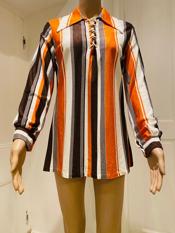 LOVELY Vintage 1960's Orange & Brown Striped Top … - image 2