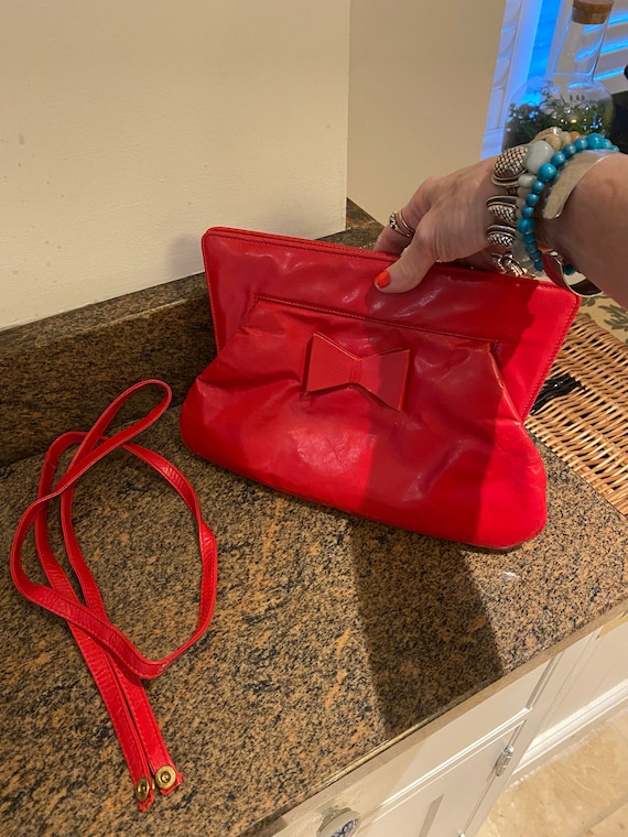 Cute Vintage 80's Red Leather Handbag With Bow, R… - image 2