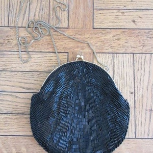 CUTE Vintage Black Beaded Evening Bag Made By 'La Regale' With Long Chain - Nice!!