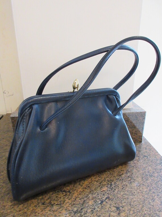 Vintage 1960's Blue PVC Handbag - Double Handled,… - image 2