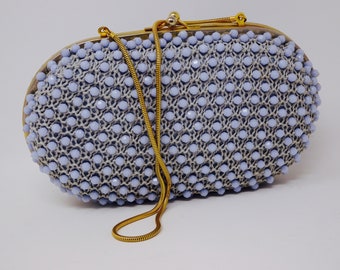 BEAUTIFUL Vintage 1950'S Duck-Egg Blue Beaded Handbag, With Gold Chain - So Lovely!!