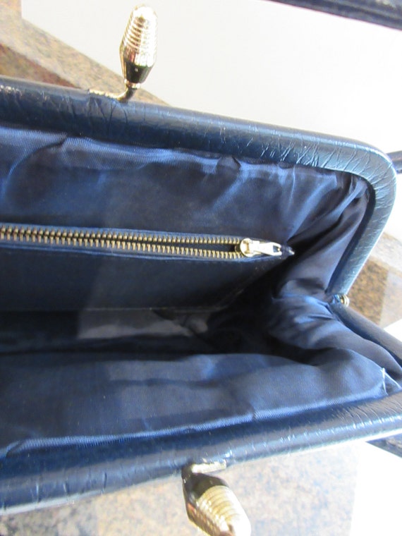 Vintage 1960's Blue PVC Handbag - Double Handled,… - image 3