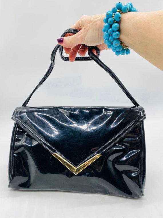 LOVELY Vintage 1980's Black Patent Handbag / Shou… - image 3