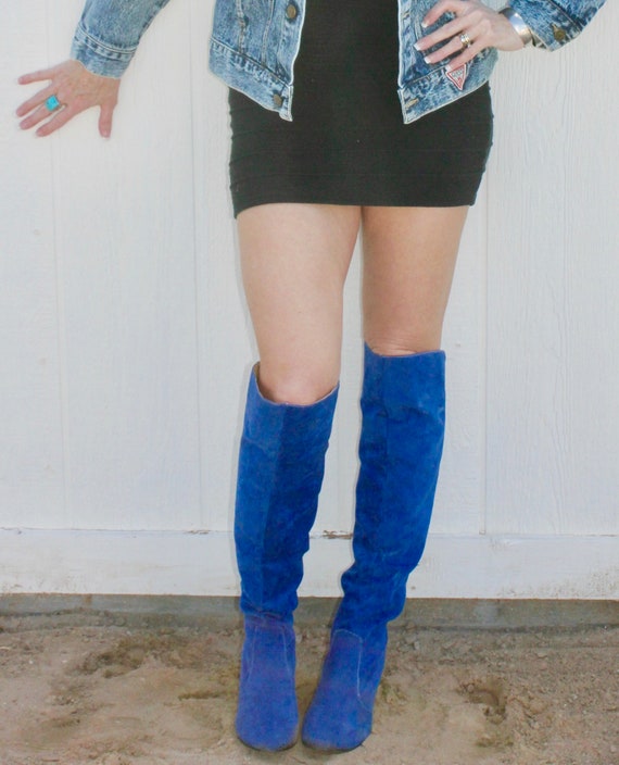 blue suede knee boots