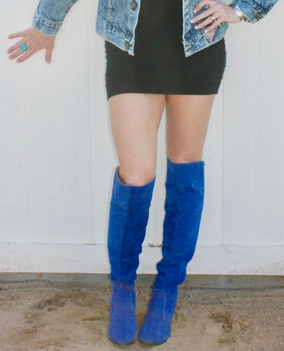 blue suede knee high boots