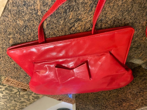 Cute Vintage 80's Red Leather Handbag With Bow, R… - image 6