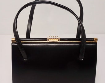 BEAUTIFUL Black Leather Vintage 1950's Kelly Style Handbag, MADE In ENGLAND - Lovely!!