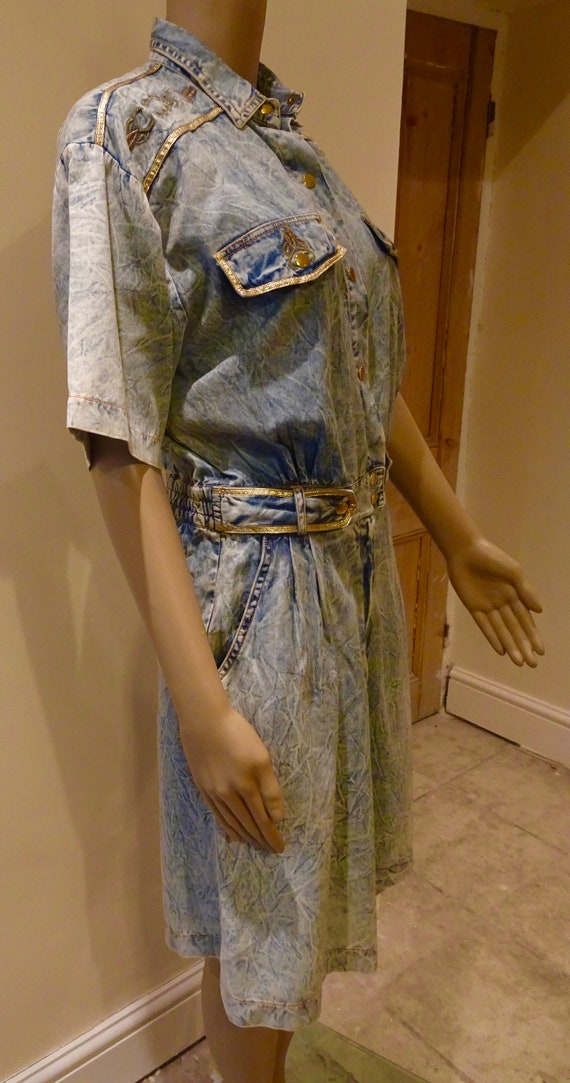 Vintage 1980's Acid Washed Denim Playsuit, Gold D… - image 7