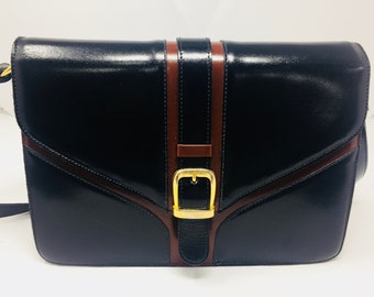 BEAUTIFUL Satchel Style 1980's Black & Tan Handbag MADE In ENGLAND By 'Ruby' - Gorgeous!!